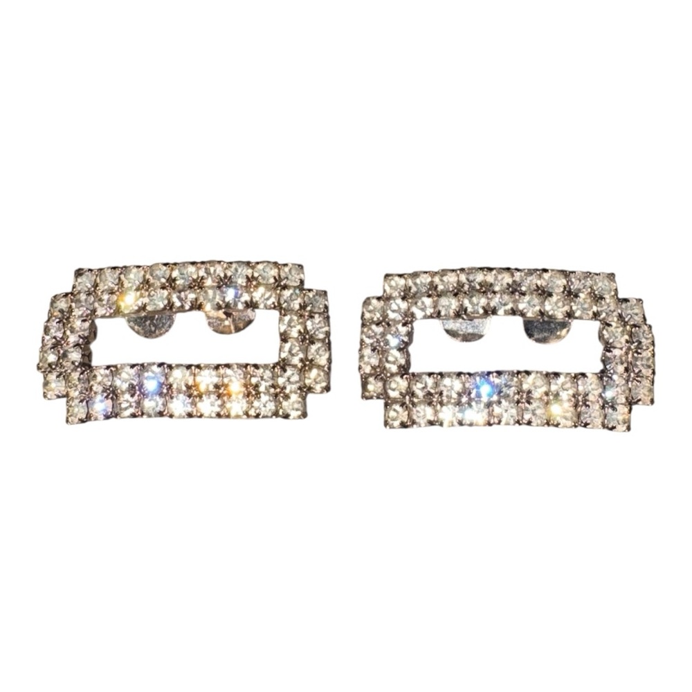 Vintage Rhinestone Rectangular Art Deco Shoe Clips Silver Tone J41